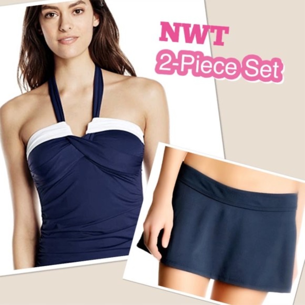 NWT Anne Cole V-Wire Halter Kini & Swim Skirt SET